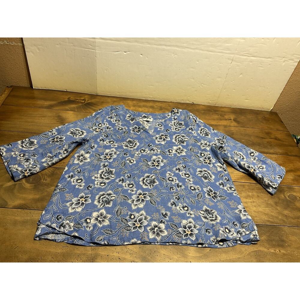 J Jill Love Linen Tunic Top Womens Size Large Floral Blouse Pullover Blue Beachy